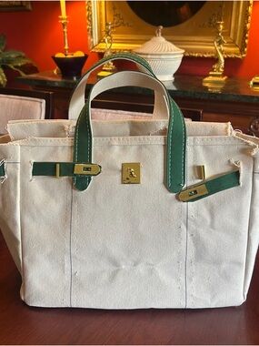 Custom Handmade L.L Bean Boatkin tote bag canvas green gold hardware lock & key